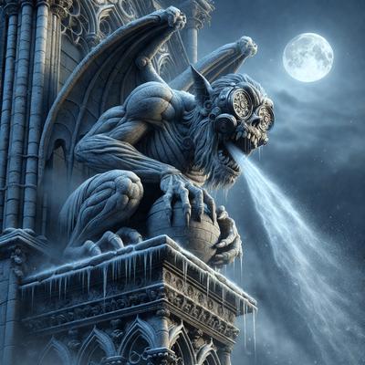 Primary subject: A statue of a demon with a gargoyle-like appearance, sitting on a stone pedestal and spitting water.

Setting/background: The statue is situated on a stone pedestal, which is located in front of a building with a moon in the background.

Visual style: The image is a digital artwork, featuring a demon statue with a gothic and demonic theme.

Colors and mood: The colors in the image are predominantly dark, with the demon